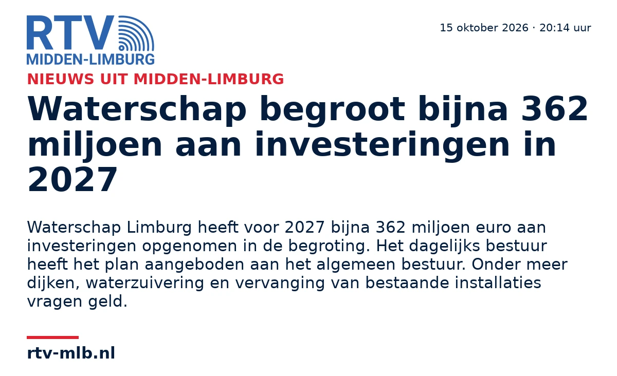 Waterschap begroot bijna 362 miljoen aan investeringen in 2027 — RTV Midden-Limburg
